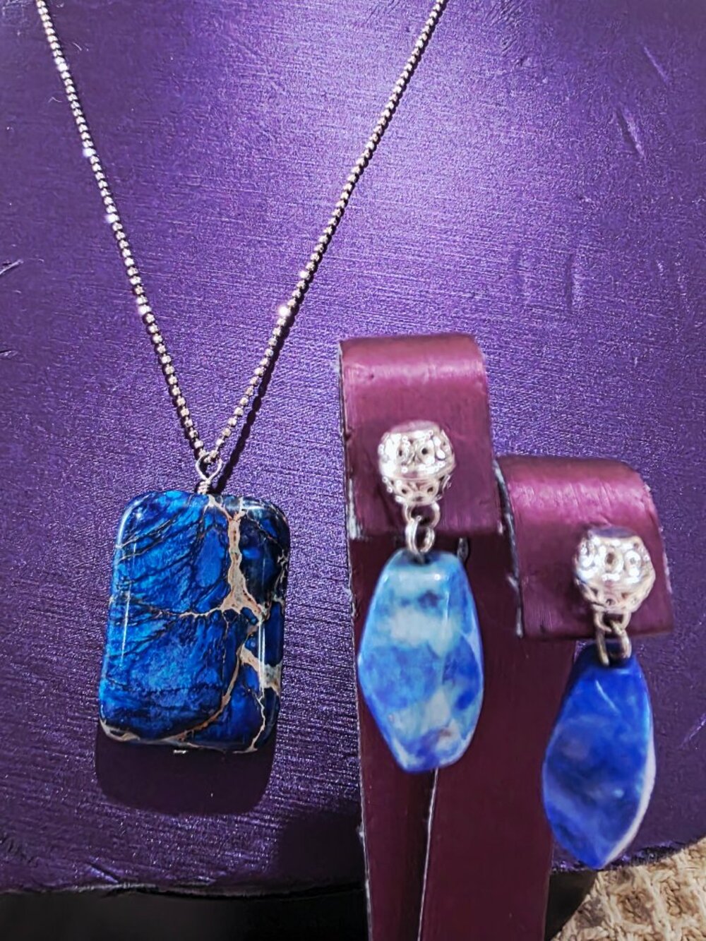 Blue Sea Sediment Jasper Stone Sterling Silver Dangle Necklace & Earrings Set